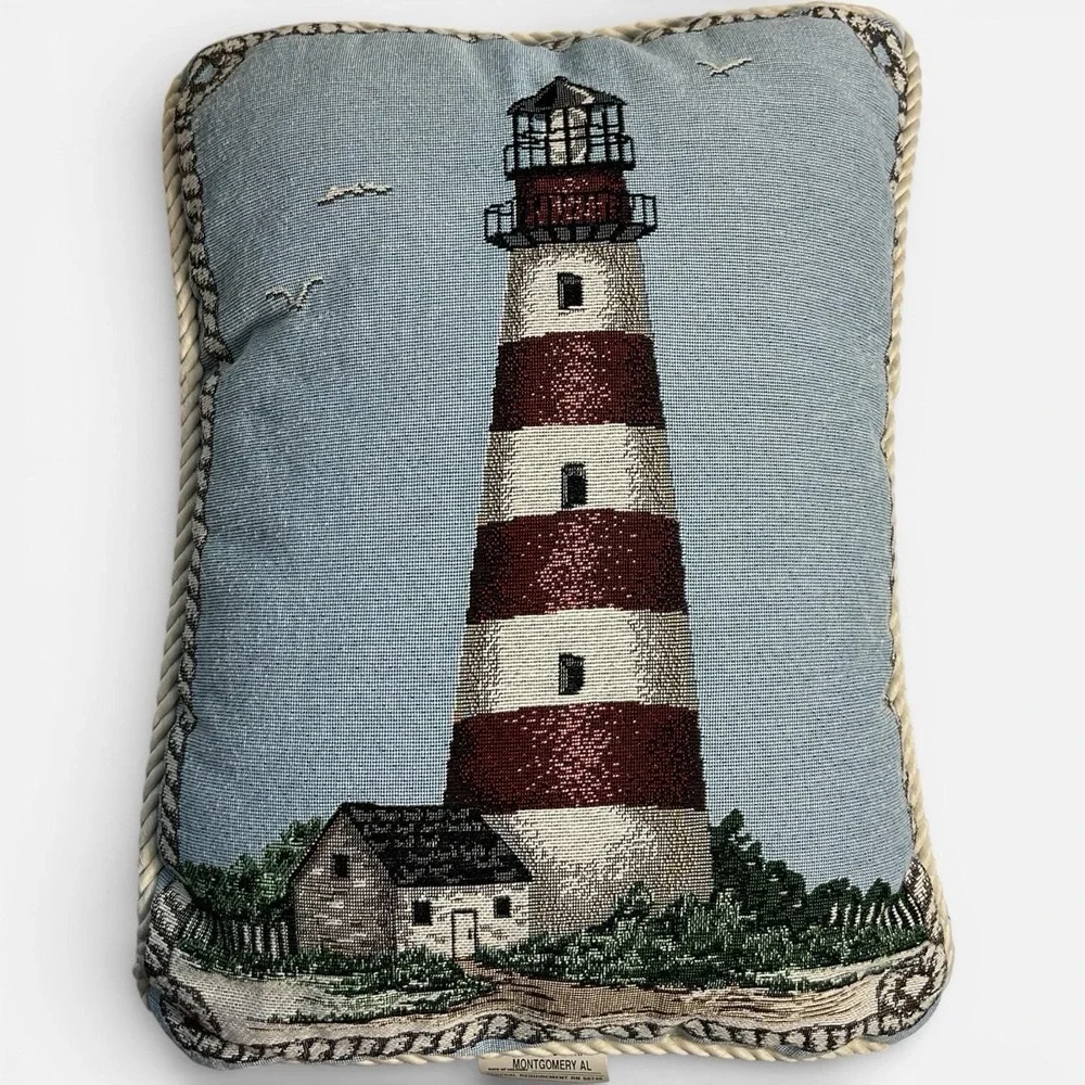 Woven Lighthouse Ropes Sea Shore Blue Tapestry Pillow 17